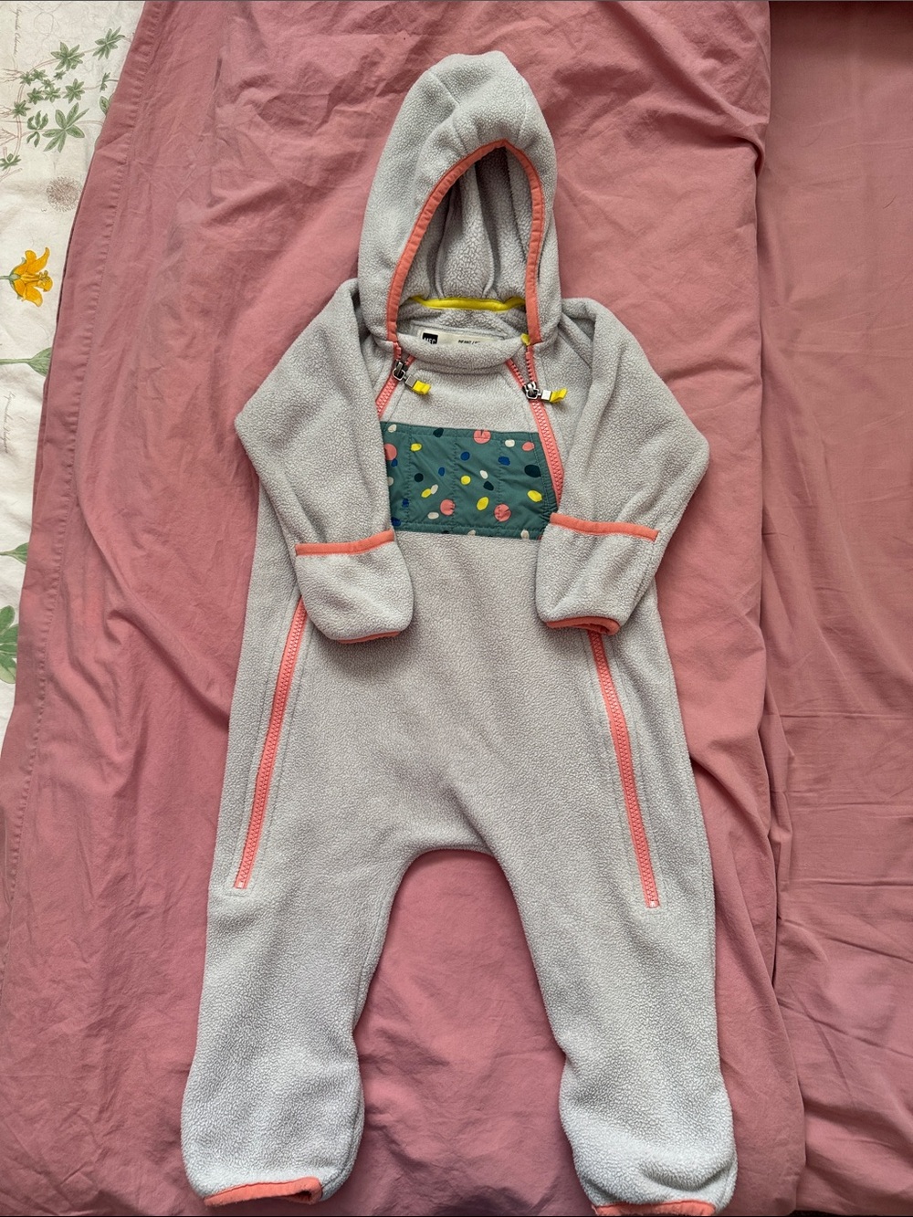 MEC Kids Grey Fleece One-Piece with Coral Trim and Green Patterned Chest